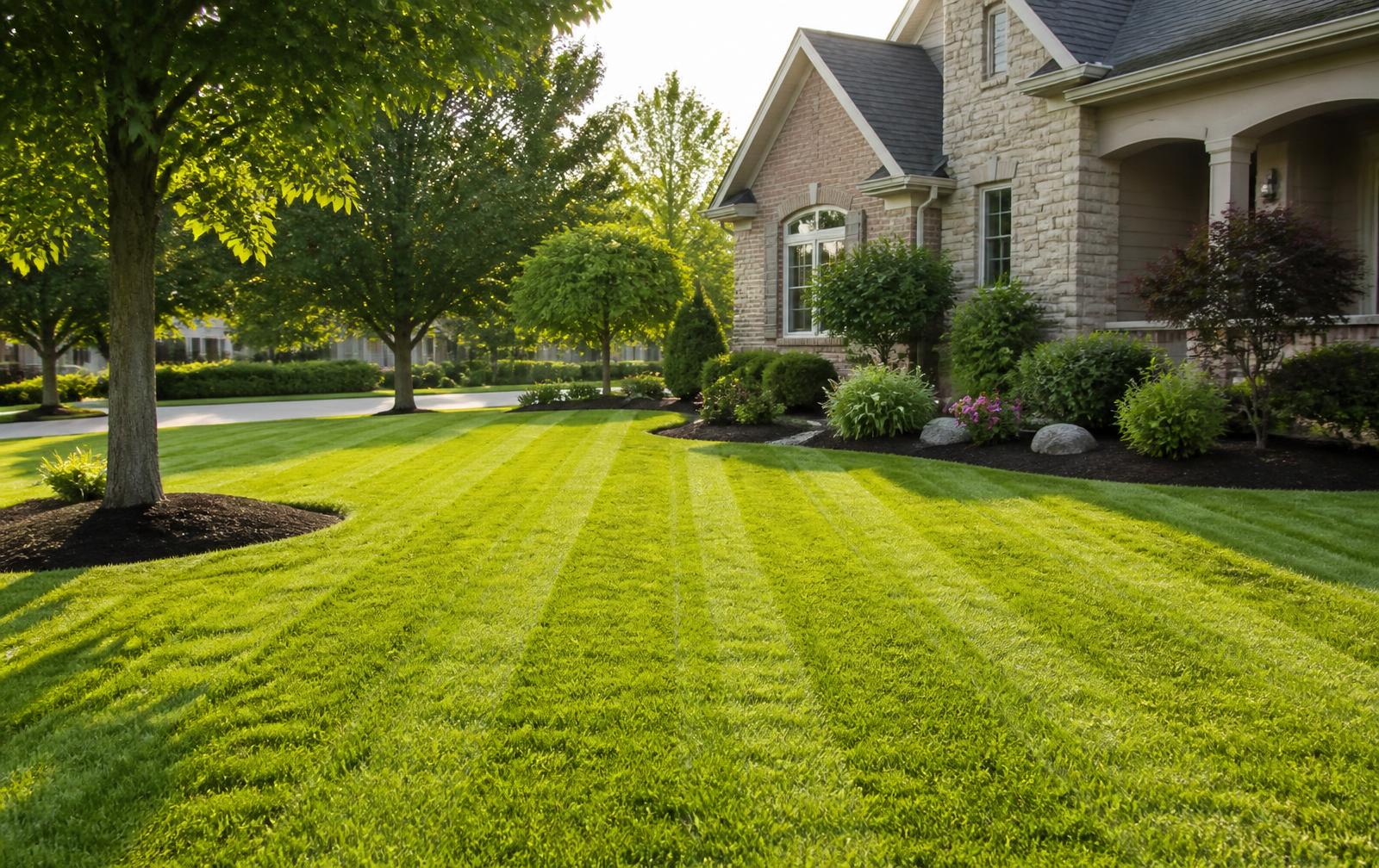 Freshly mowed striped lawn in front of a well-kept home